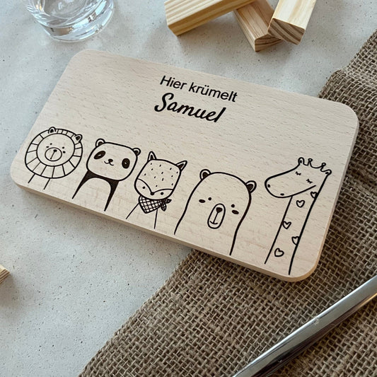 DwieDeko Kinder Frühstücksbrett aus Holz  - 5 Tiermotive -  personalisiertes Geschenk für Kinder 1. Jahr oder 3. Jahre