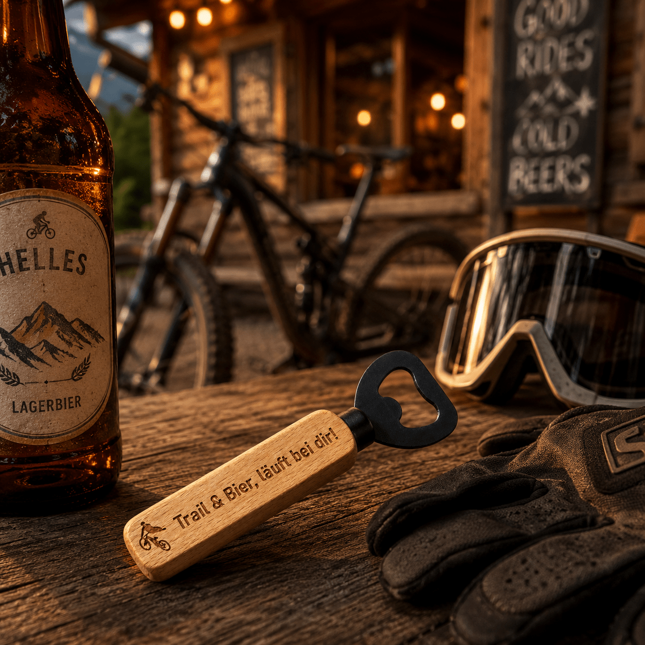 Flaschenöffner aus Holz mit Gravur – Mountainbiker & Radfahrer - DwieDeko