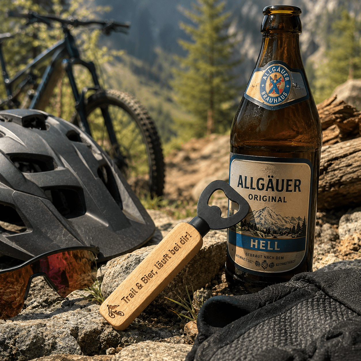 Flaschenöffner aus Holz mit Gravur – Mountainbiker & Radfahrer - DwieDeko