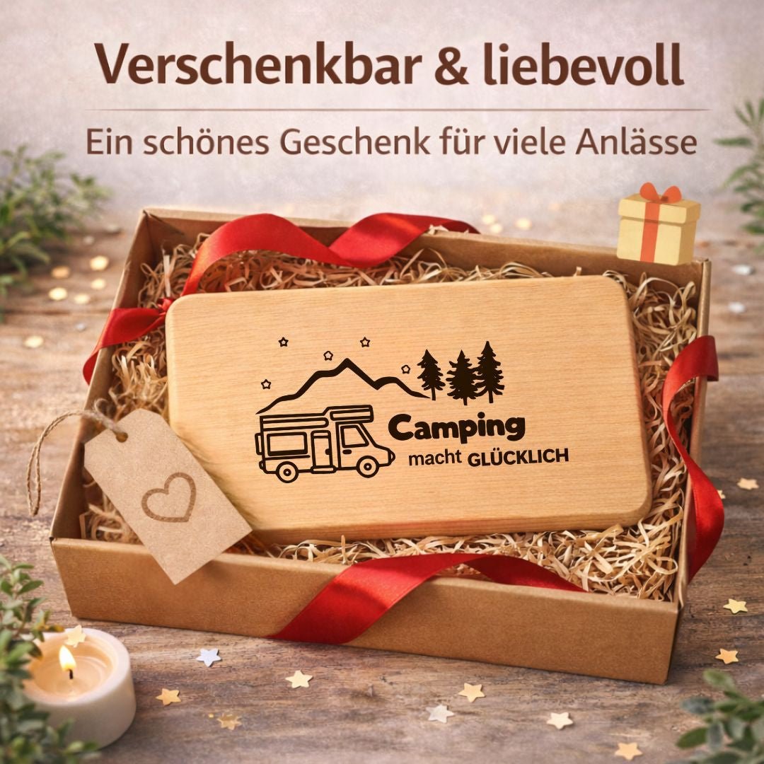 Frühstücksbrett "Camping macht glücklich" – Camping Zubehör & Geschenk für Camper Geburtstag - DwieDeko
