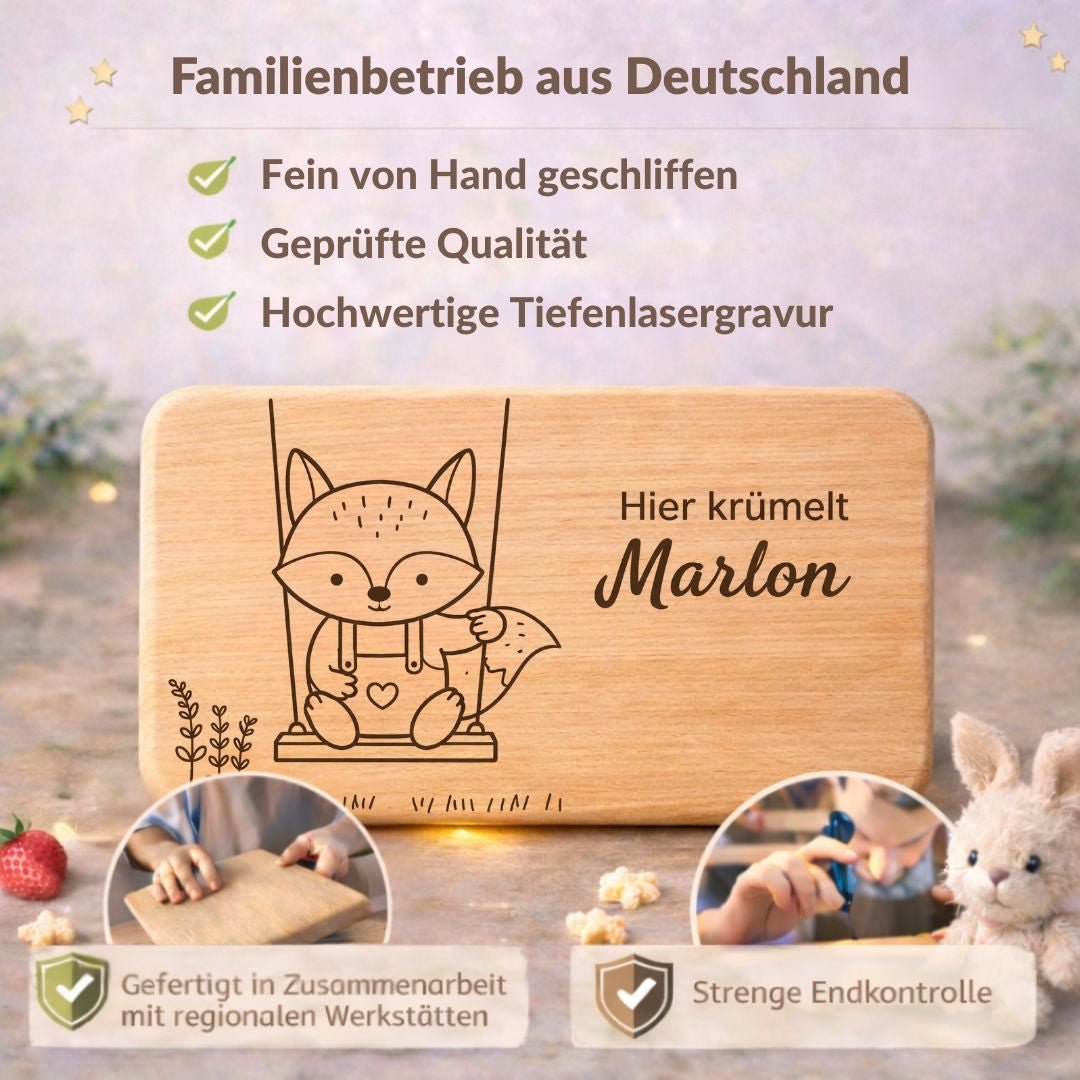 Frühstücksbrett personalisiert aus Holz - Fuchs auf Schaukel - DwieDeko