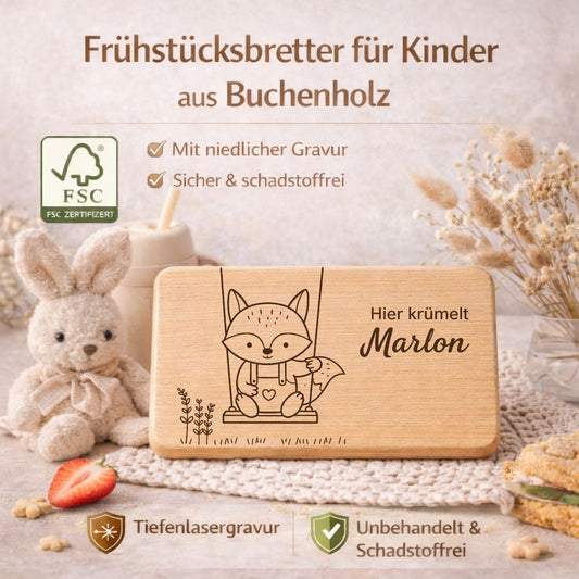 Frühstücksbrett personalisiert aus Holz - Fuchs auf Schaukel - DwieDeko