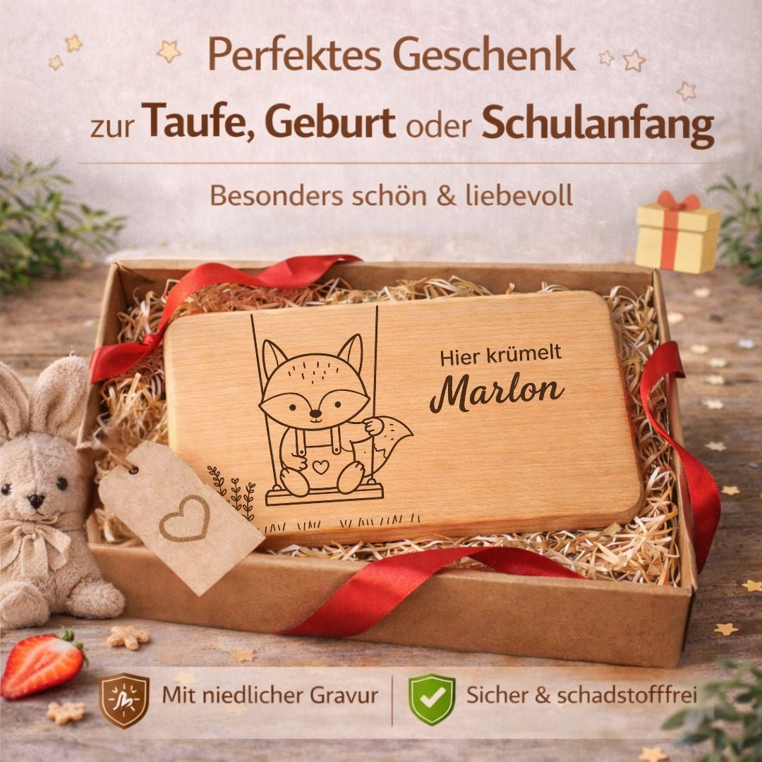 Frühstücksbrett personalisiert aus Holz - Fuchs auf Schaukel - DwieDeko