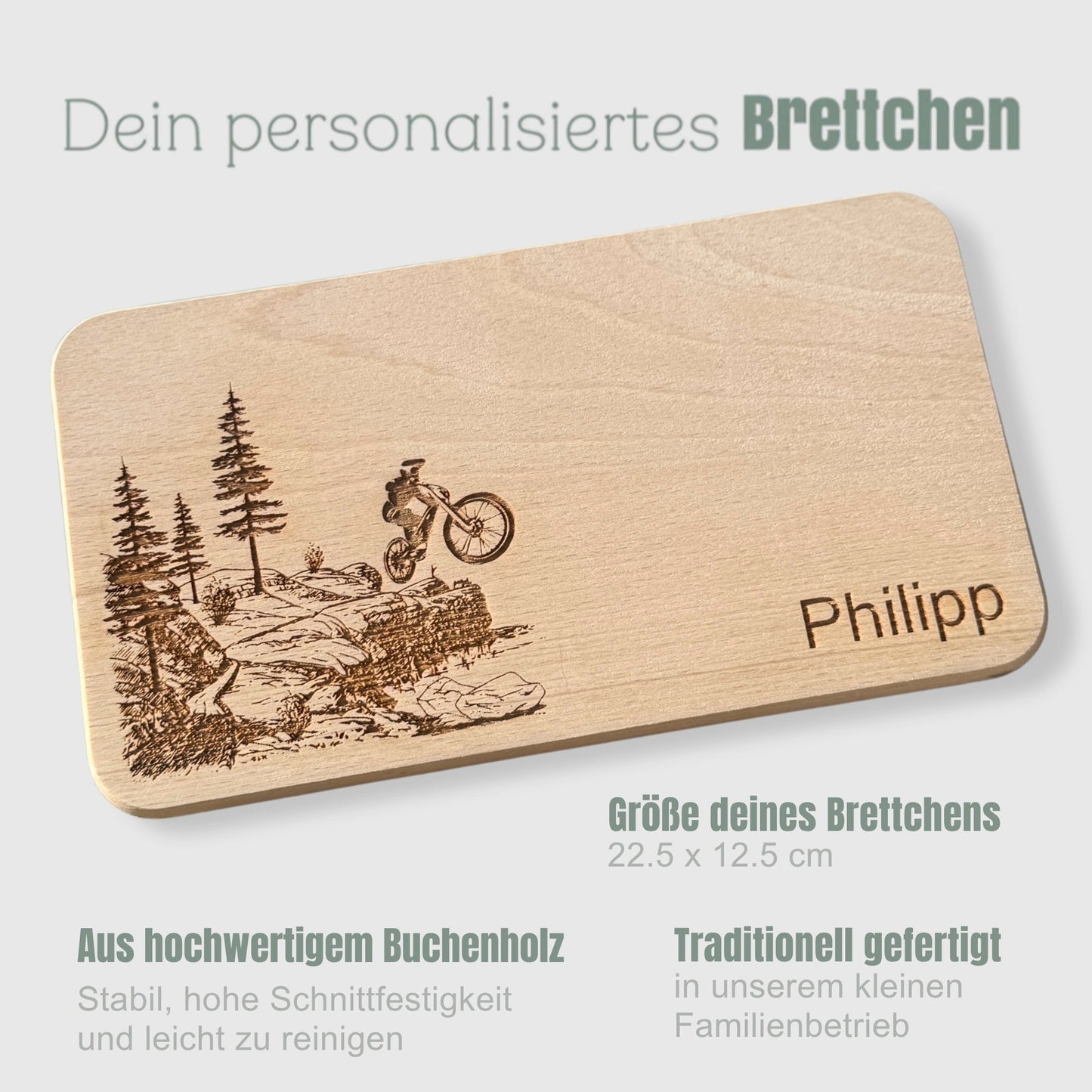 Frühstücksbrett personalisiert aus Holz – Mountainbiker auf Trail - DwieDeko