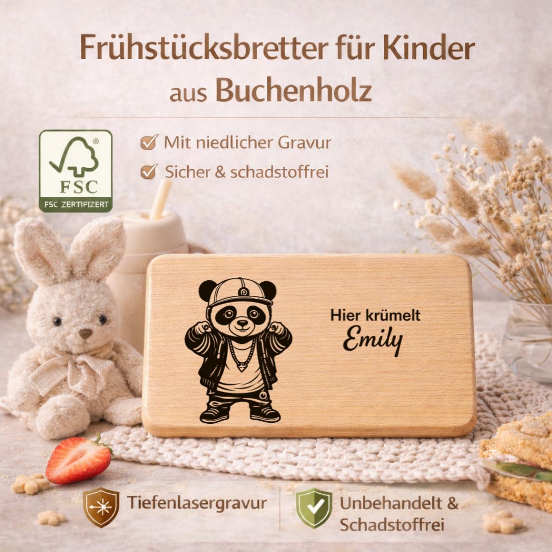 Frühstücksbrett personalisiert für Kinder - Hip Hop Panda - DwieDeko