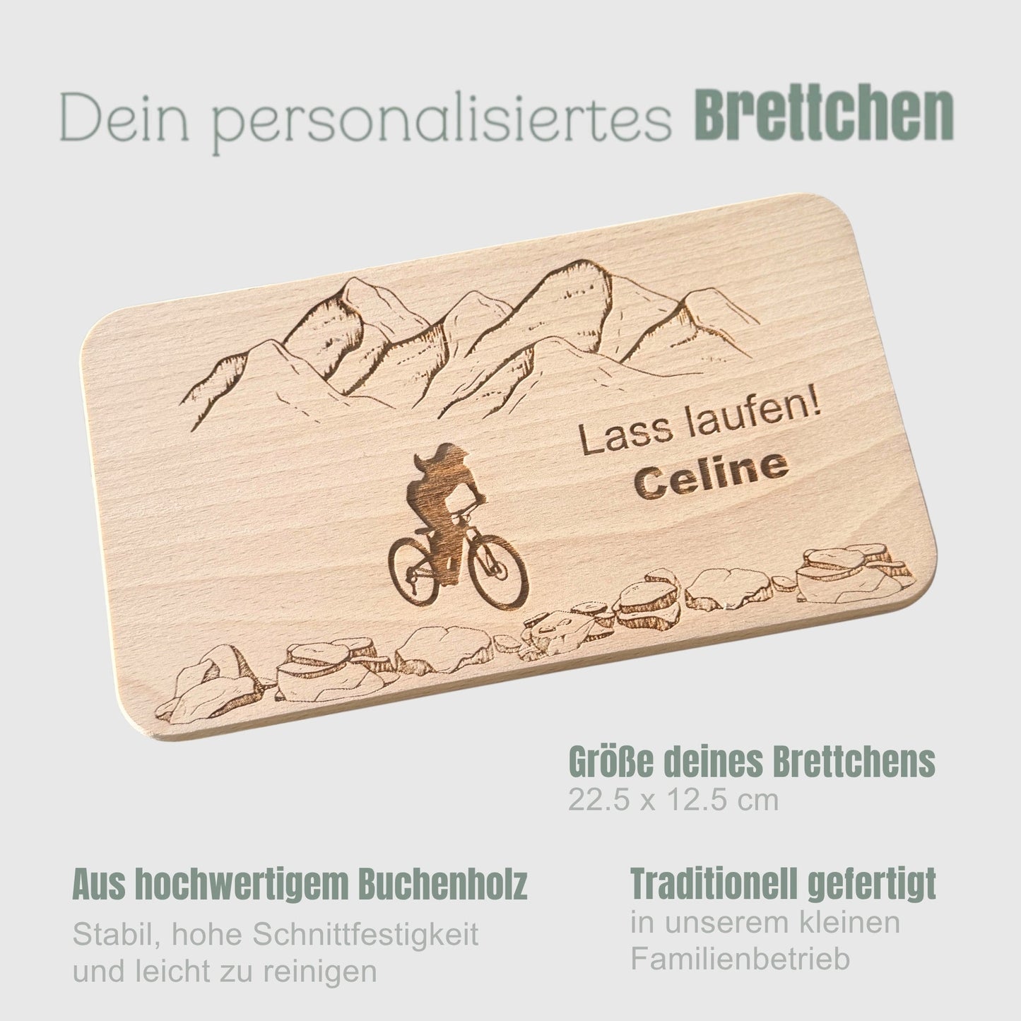 Frühstücksbrett personalisiert - Mountainbikerin mit Bergen - DwieDeko