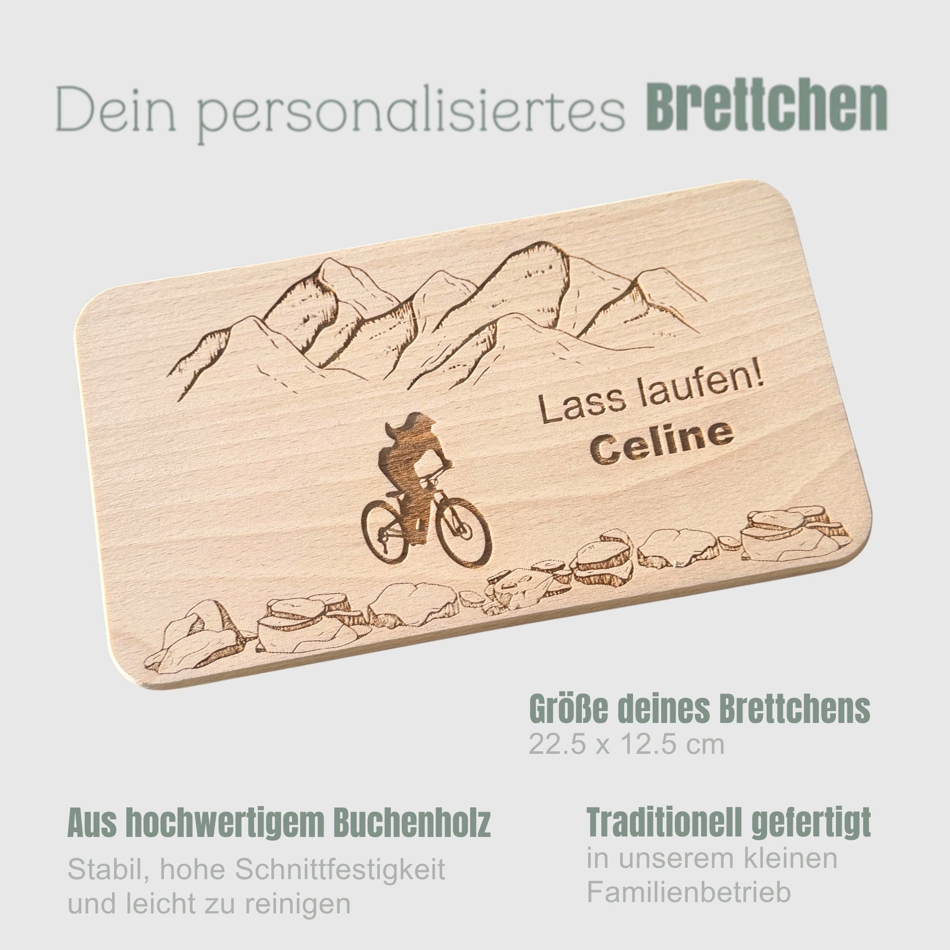 Frühstücksbrett personalisiert - Mountainbikerin mit Bergen - DwieDeko