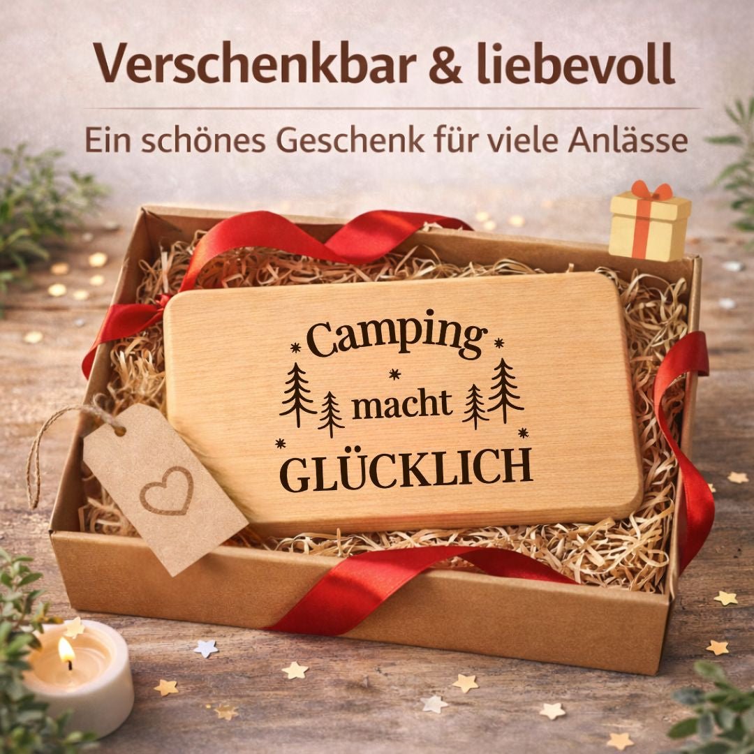 Frühstücksbrettchen "Camping macht glücklich" – Lustiges Camping Zubehör & Geschenk für Camper - DwieDeko
