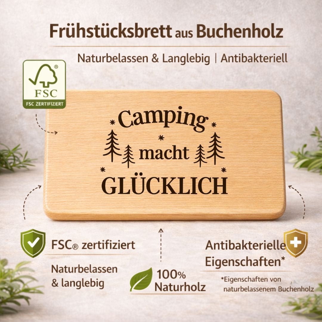 Frühstücksbrettchen "Camping macht glücklich" – Lustiges Camping Zubehör & Geschenk für Camper - DwieDeko