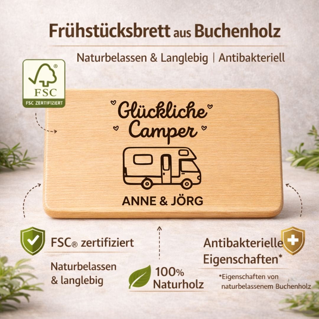 Frühstücksbrettchen "Glückliche Camper" – Geschenkidee für Wohnwagen - Fans & Camping Gadgets - DwieDeko