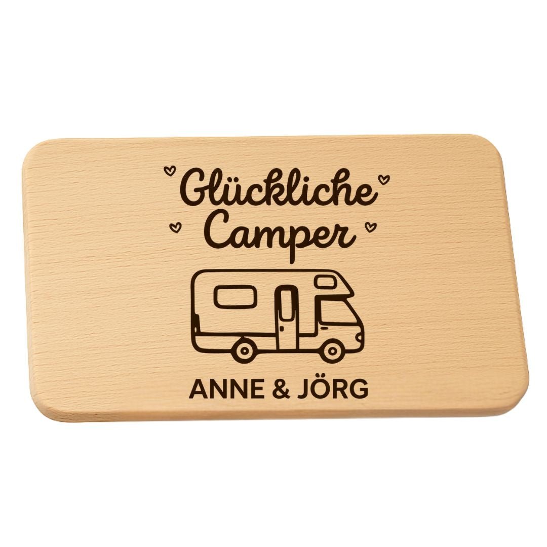 Frühstücksbrettchen "Glückliche Camper" – Geschenkidee für Wohnwagen - Fans & Camping Gadgets - DwieDeko