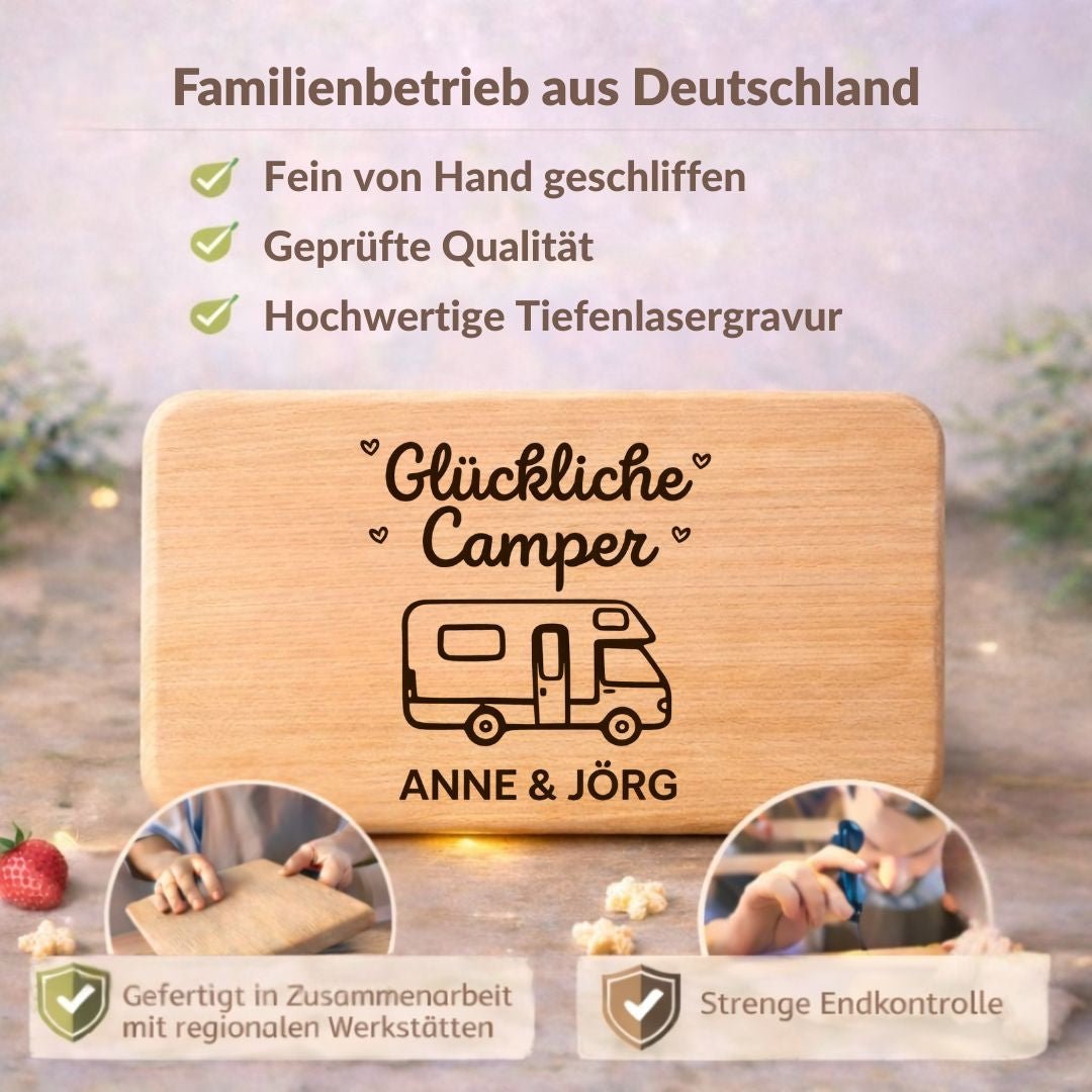 Frühstücksbrettchen "Glückliche Camper" – Geschenkidee für Wohnwagen - Fans & Camping Gadgets - DwieDeko