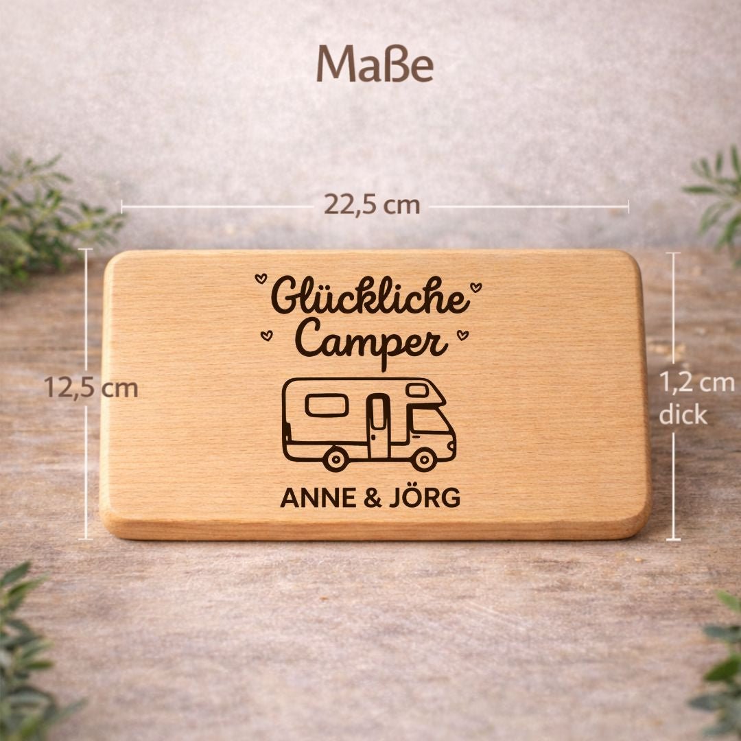 camping geschenk idee Frühstücksbrettchen "Glückliche Camper" – Camping Gadgets – DwieDeko