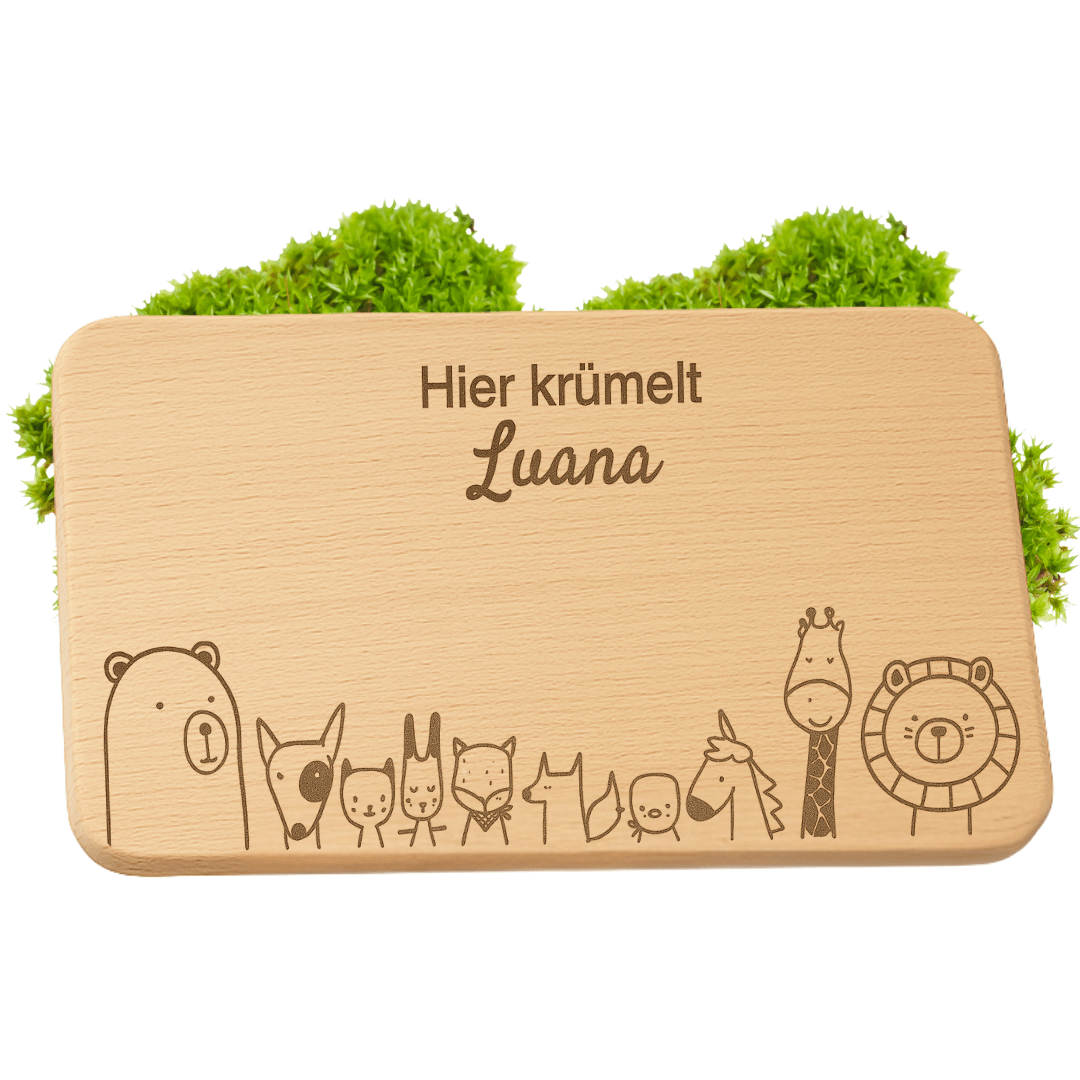 Frühstücksbrettchen personalisiert aus Holz - 10 Tierfreunde - DwieDeko