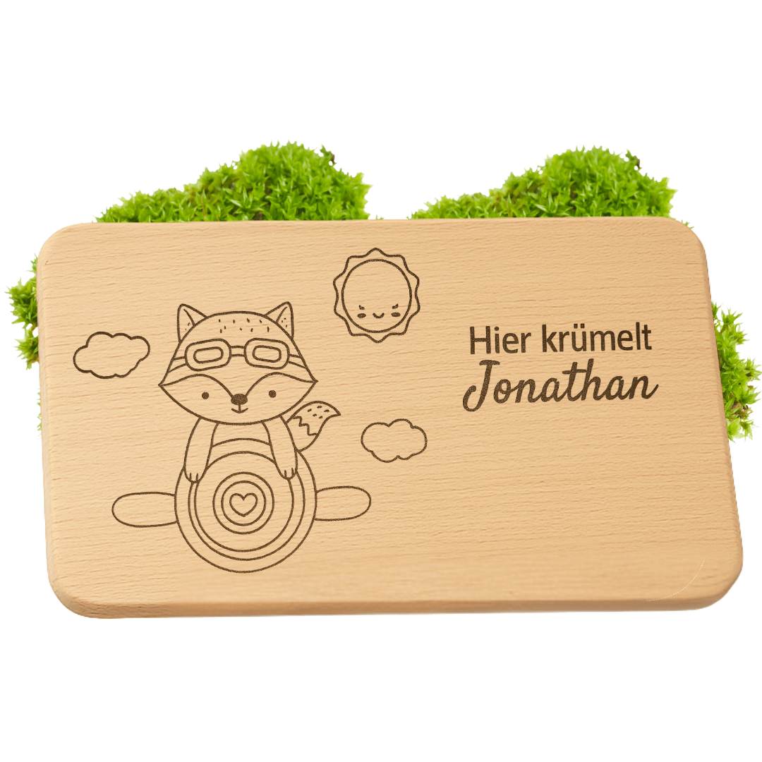 Frühstücksbrettchen personalisiert aus Holz - Fuchs & Flugzeug - DwieDeko