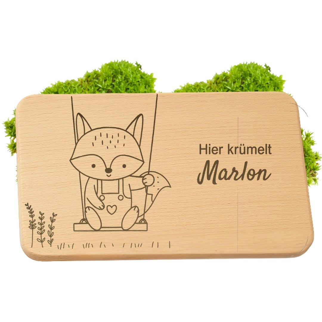 Frühstücksbrettchen personalisiert - Fuchs auf Schaukel - DwieDeko