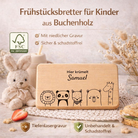 Frühstücksbrettchen personalisiert für Kinder - 5 süße Tiere - DwieDeko