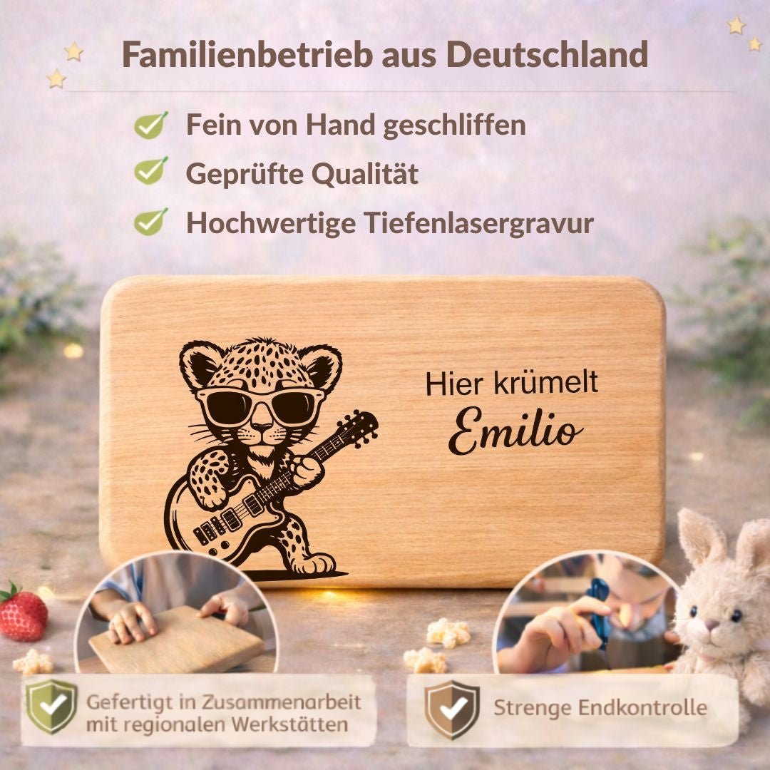 Frühstücksbrettchen personalisiert für Kinder - Leopard mit Gitarre - DwieDeko