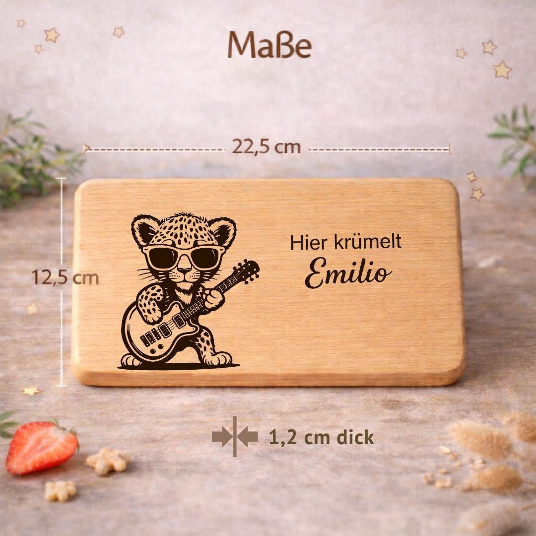 Frühstücksbrettchen personalisiert für Kinder - Leopard mit Gitarre - DwieDeko