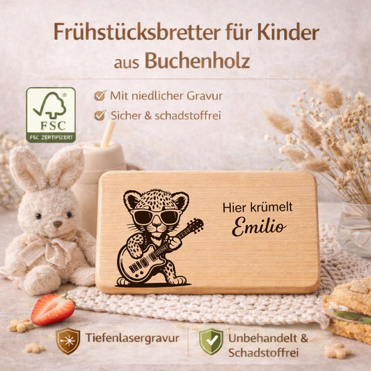 Frühstücksbrettchen personalisiert für Kinder - Leopard mit Gitarre - DwieDeko