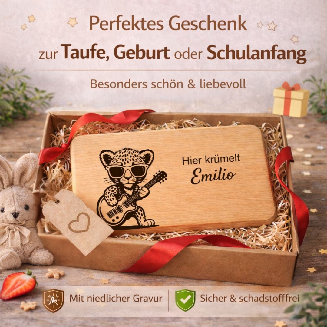 Frühstücksbrettchen personalisiert für Kinder - Leopard mit Gitarre - DwieDeko
