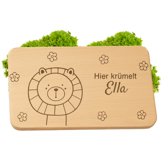 Frühstücksbrettchen personalisiert mit Gravur - Löwe mit Blümchen - DwieDeko