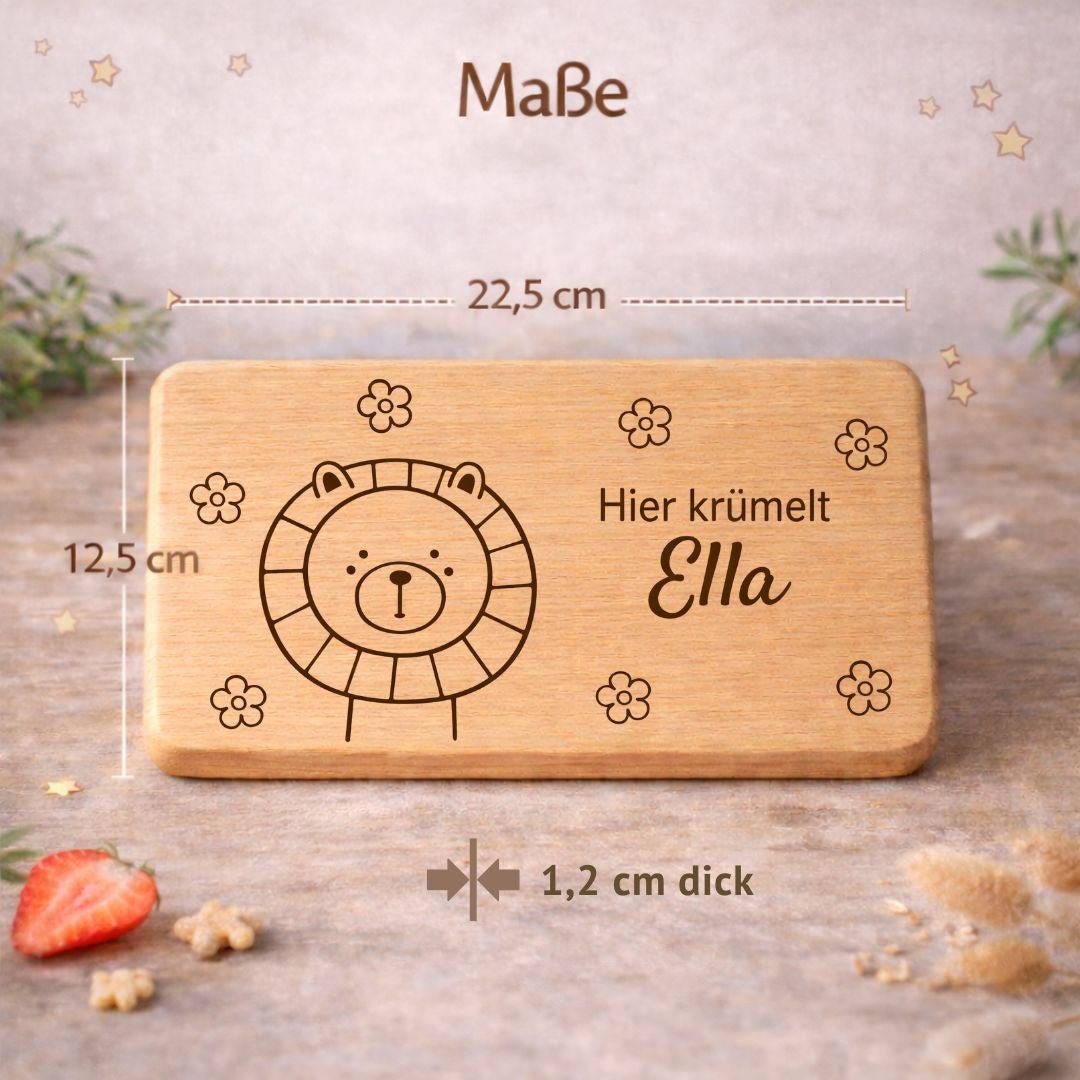 Frühstücksbrettchen personalisiert mit Gravur - Löwe mit Blümchen - DwieDeko