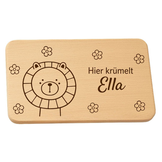 Frühstücksbrettchen personalisiert mit Gravur - Löwe mit Blümchen - DwieDeko