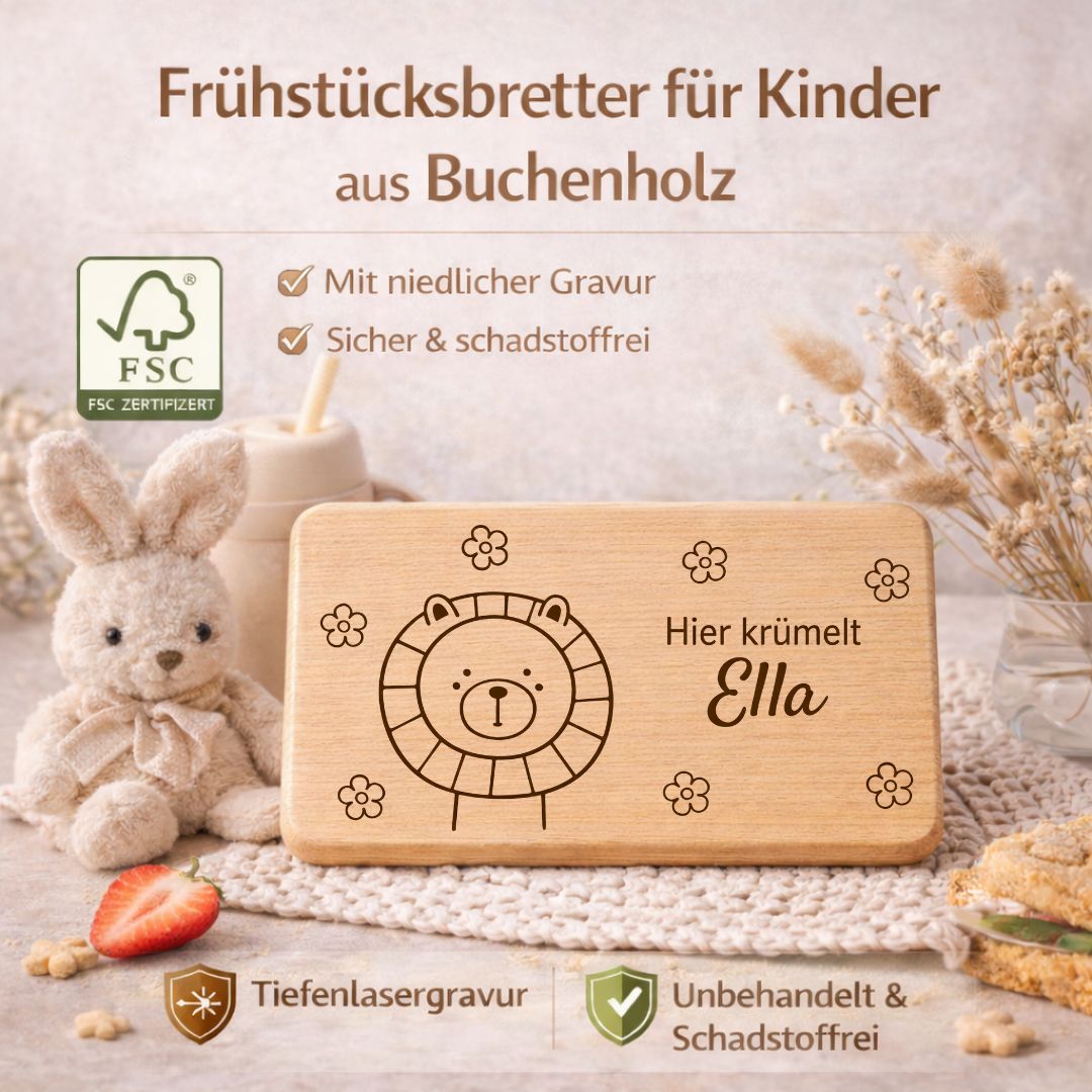Frühstücksbrettchen personalisiert mit Gravur - Löwe mit Blümchen - DwieDeko