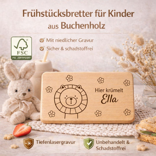 Frühstücksbrettchen personalisiert mit Gravur - Löwe mit Blümchen - DwieDeko