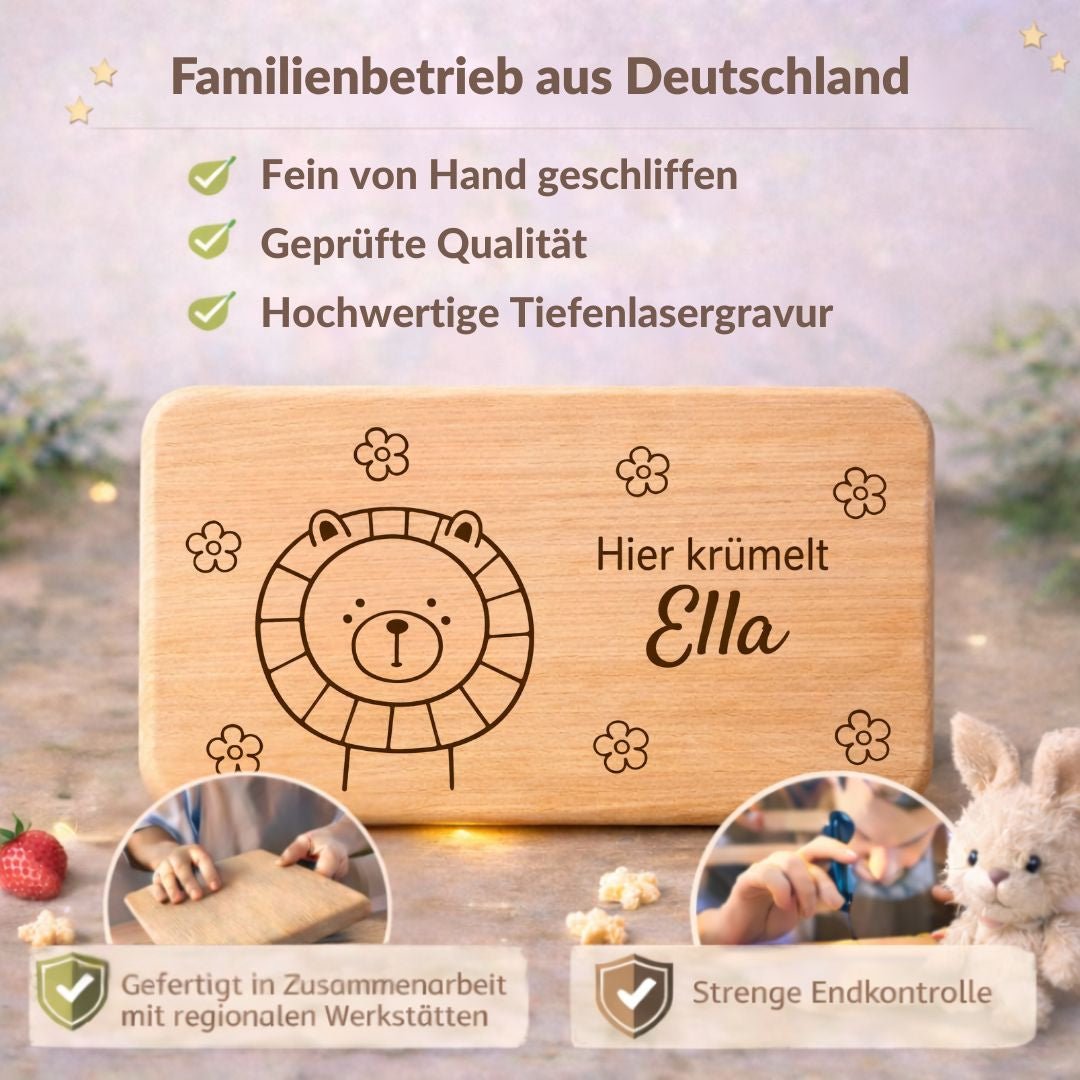 Frühstücksbrettchen personalisiert mit Gravur - Löwe mit Blümchen - DwieDeko
