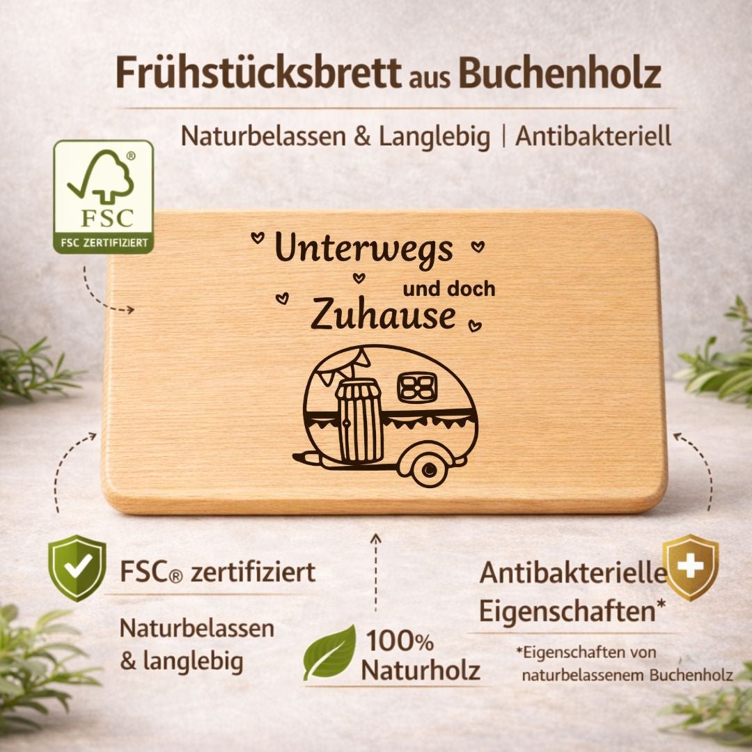 Frühstücksbrettchen "Unterwegs und doch Zuhause" – Camper Geschenk für Wohnmobil - Liebhaber - DwieDeko
