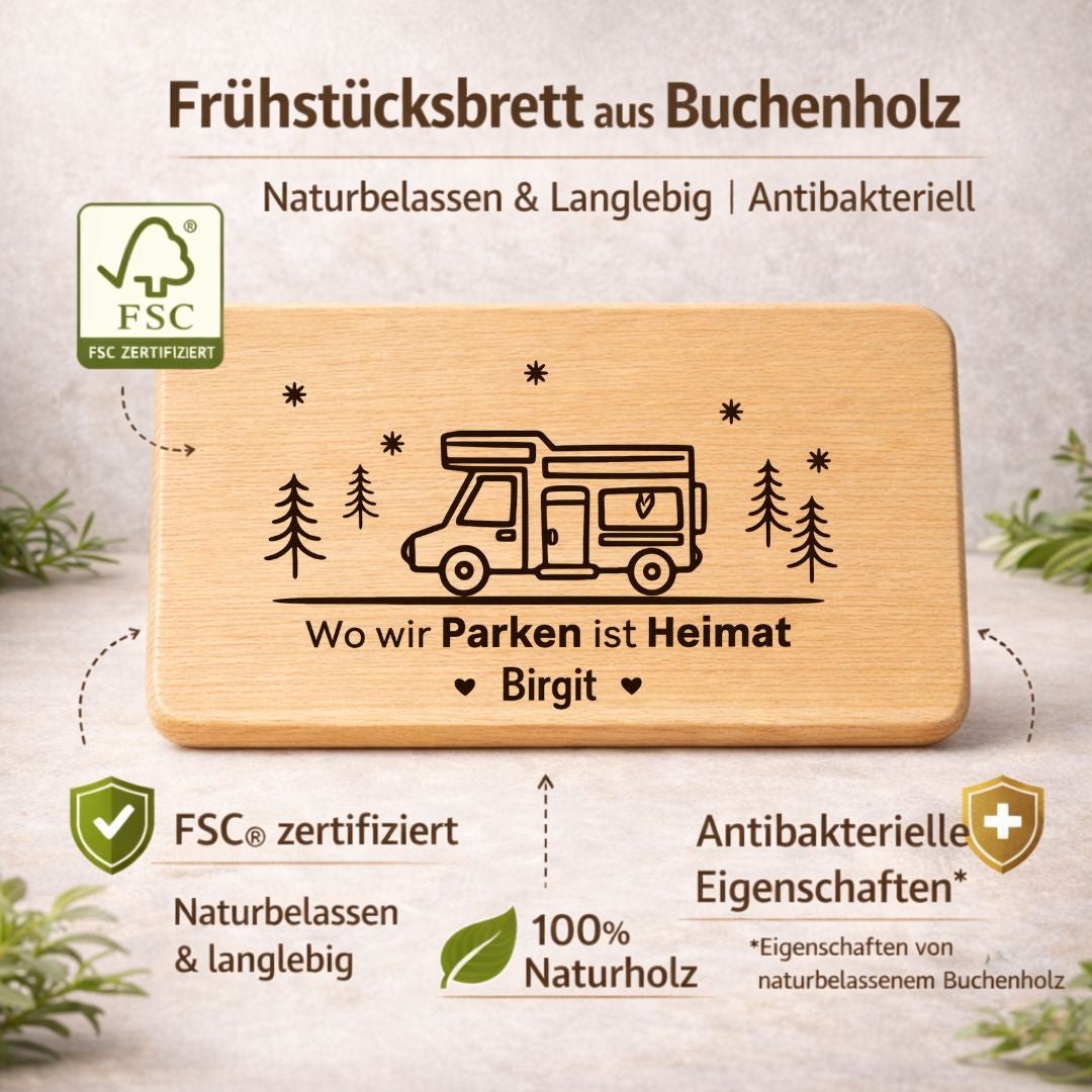 Frühstücksbrettchen "Wo wir parken ist Heimat" – Coole Geschenke für Camper & Wohnwagen - Fans - DwieDeko
