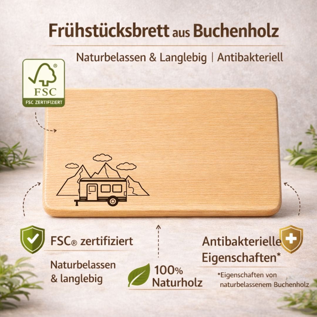 Frühstücksbrettchen "Wohnwagen mit Berge" – Geschenkidee für Camper & Camping Gadgets - DwieDeko