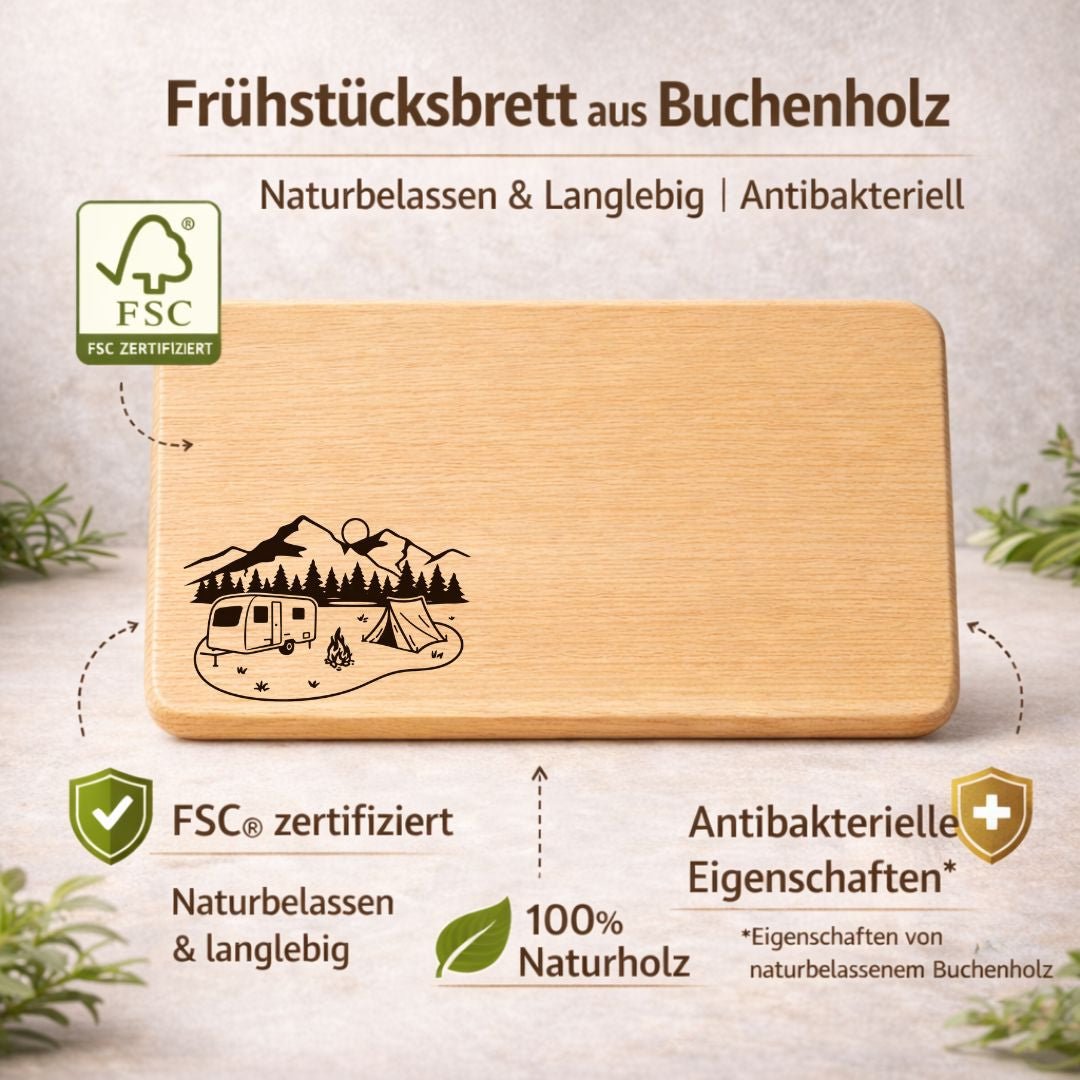 Frühstücksbrettchen "Wohnwagen mit Zelt und Berge" – Coole Geschenke für Camper & Outdoor - Fans - DwieDeko