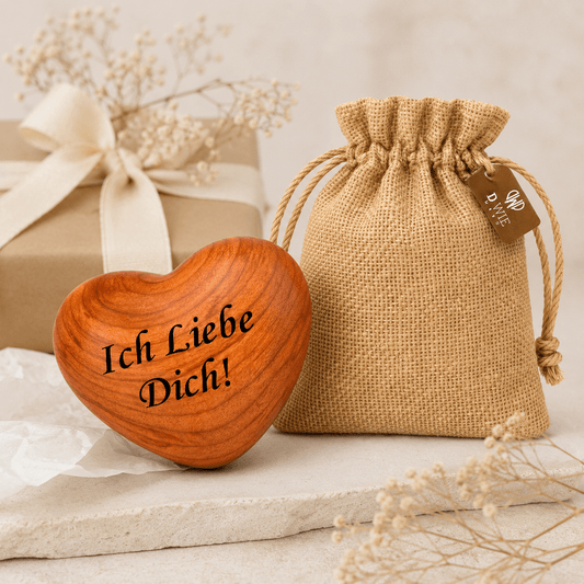 Handschmeichler Holz Herz mit Gravur „Ich Liebe Dich!“ - Glücksbringer & Valentinstagsgeschenk - DwieDeko