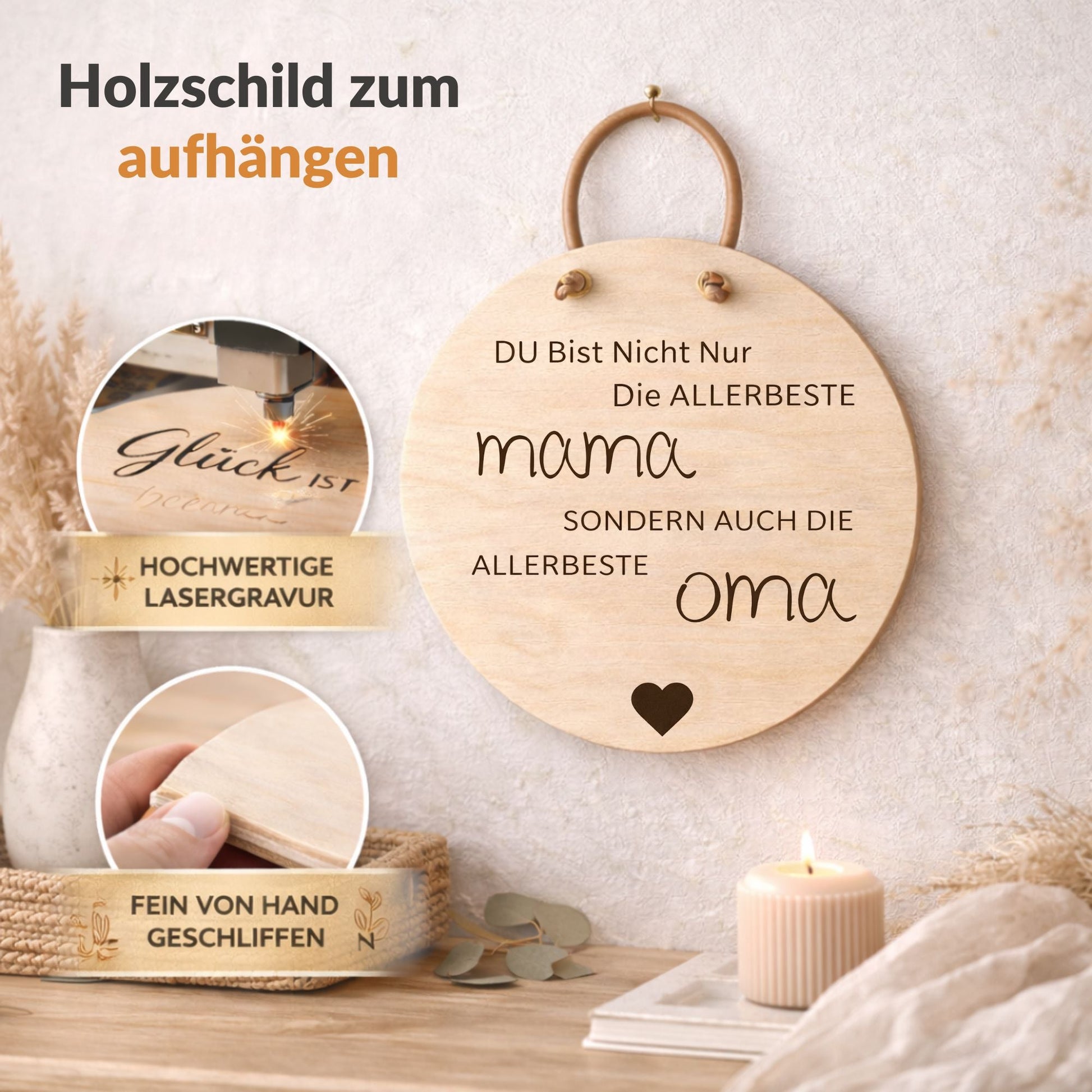Holzschild Wand mit Spruch "Allerbeste Mama, allerbeste Oma" - DwieDeko