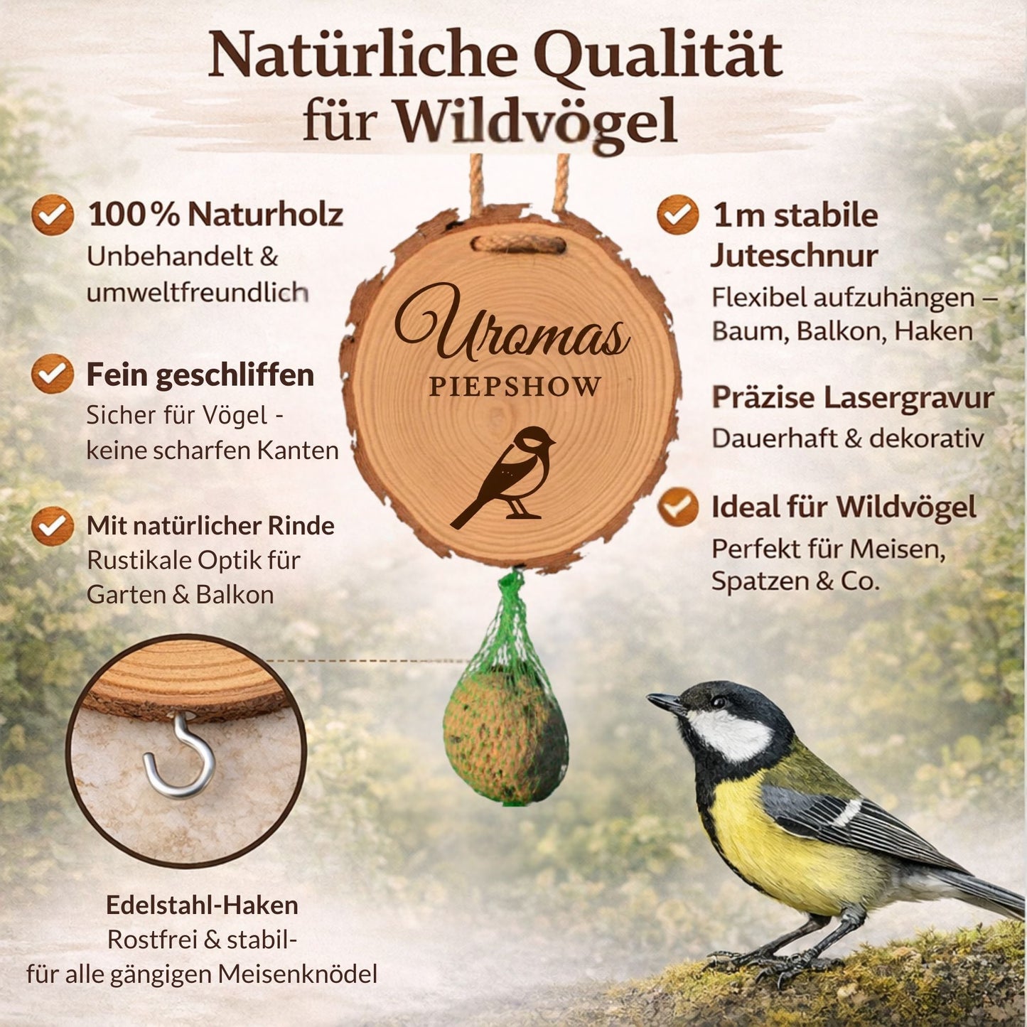 Meisenknödelhalter mit Gravur - Uromas Piepshow - DwieDeko