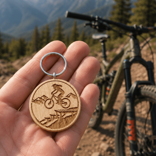 Mountainbike Schlüsselanhänger aus Holz - "Frau auf Drop" - DwieDeko