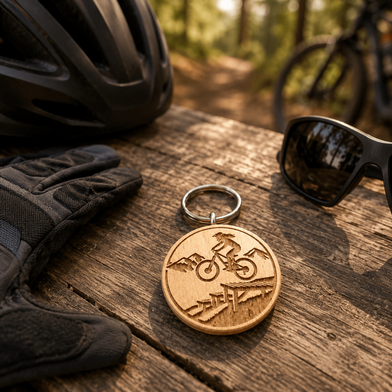Mountainbike Schlüsselanhänger aus Holz - "Frau auf Drop" - DwieDeko