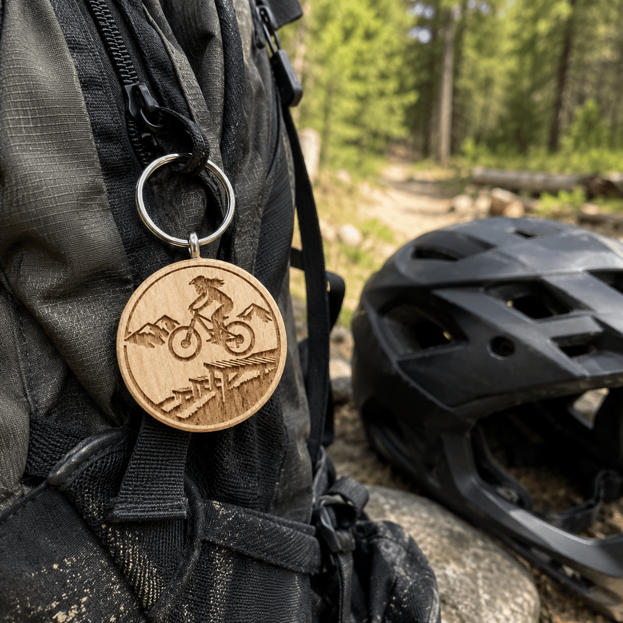 Mountainbike Schlüsselanhänger aus Holz - "Frau auf Drop" - DwieDeko