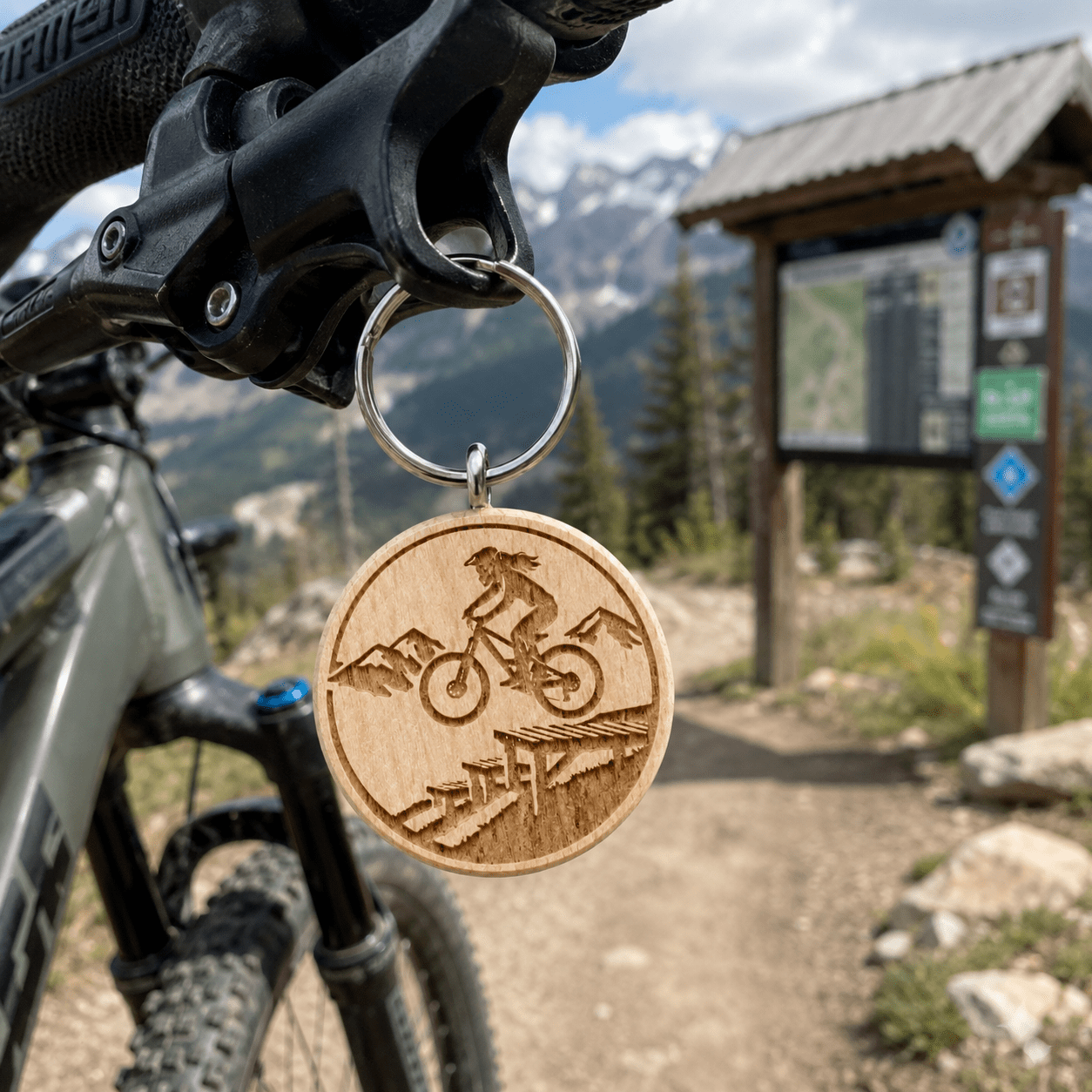 Mountainbike Schlüsselanhänger aus Holz - "Frau auf Drop" - DwieDeko