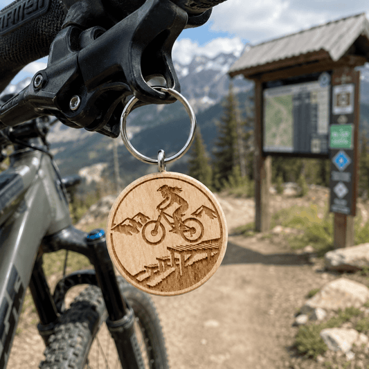 Mountainbike Schlüsselanhänger aus Holz - "Frau auf Drop" - DwieDeko
