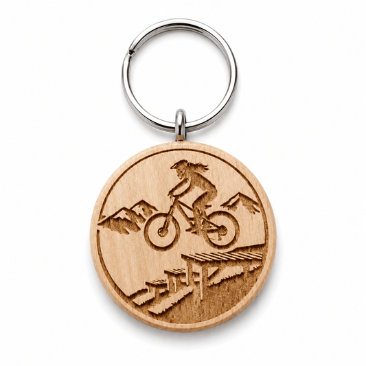 Mountainbike Schlüsselanhänger aus Holz - "Frau auf Drop" - DwieDeko