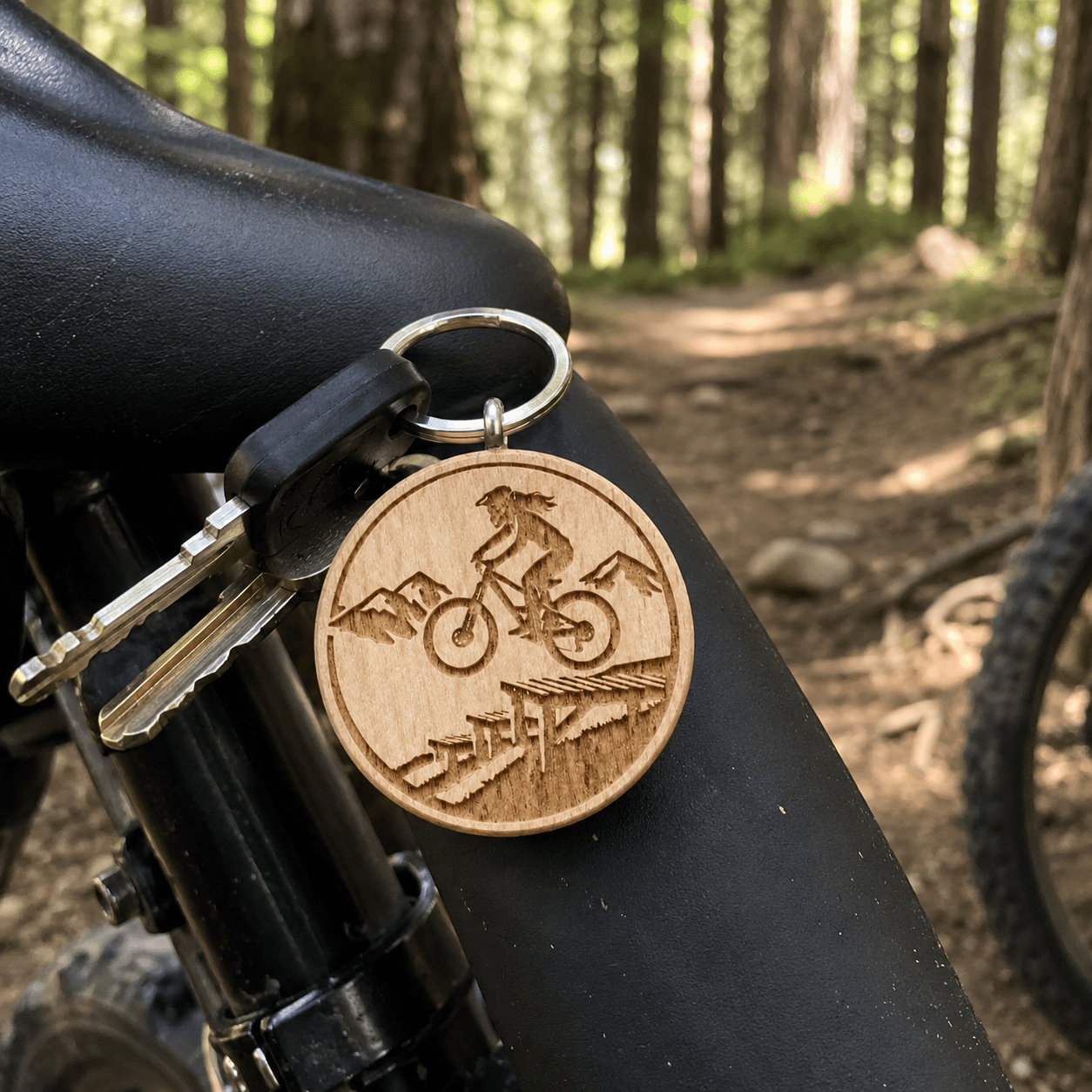 Mountainbike Schlüsselanhänger aus Holz - "Frau auf Drop" - DwieDeko