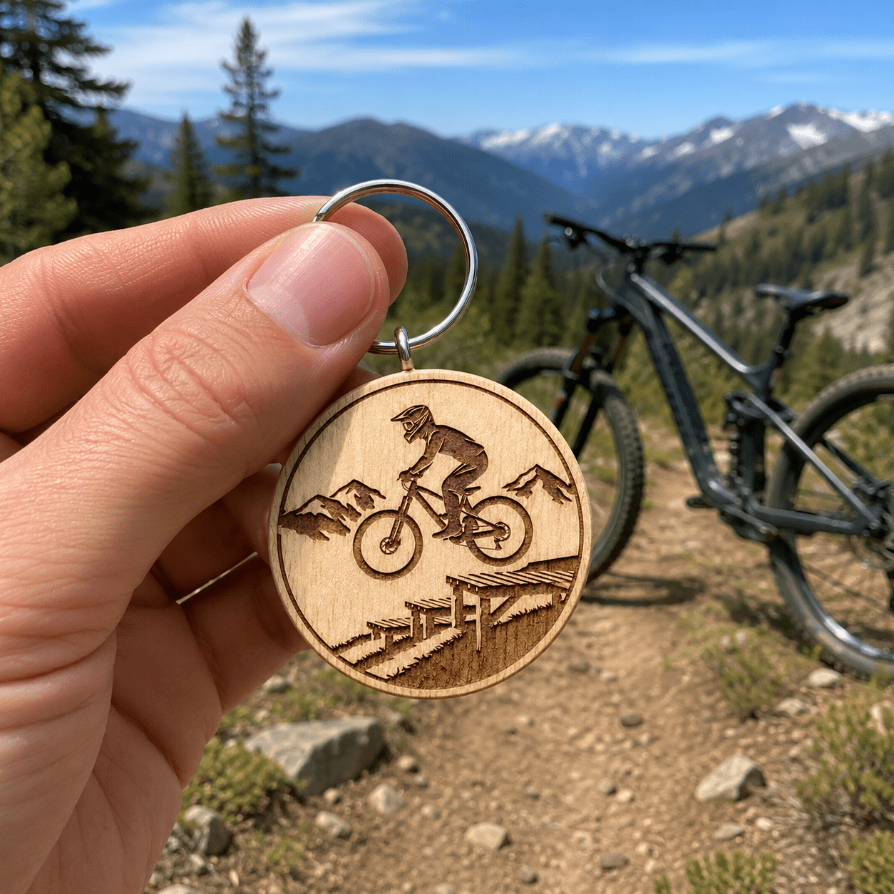 Mountainbike Schlüsselanhänger aus Holz - "Mountainbiker auf Drop" - DwieDeko