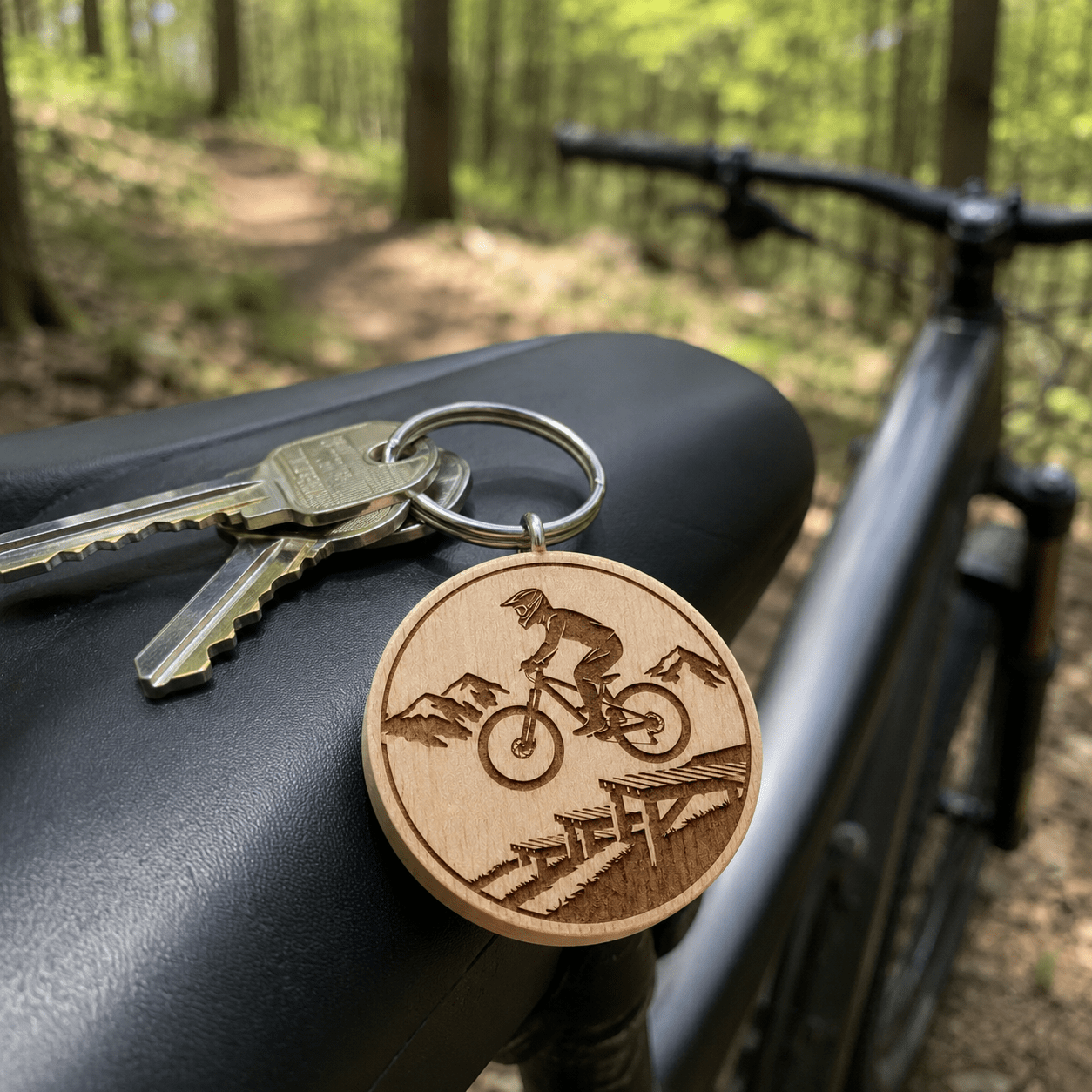 Mountainbike Schlüsselanhänger aus Holz - "Mountainbiker auf Drop" - DwieDeko