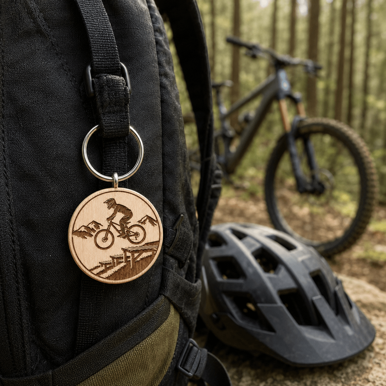 Mountainbike Schlüsselanhänger aus Holz - "Mountainbiker auf Drop" - DwieDeko