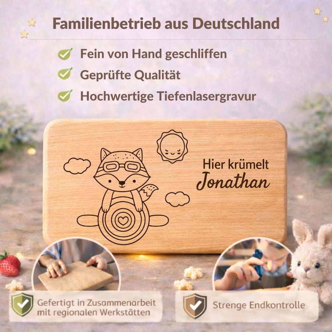 Personalisierte Frühstücksbrettchen aus Holz - Fuchs & Flugzeug - DwieDeko