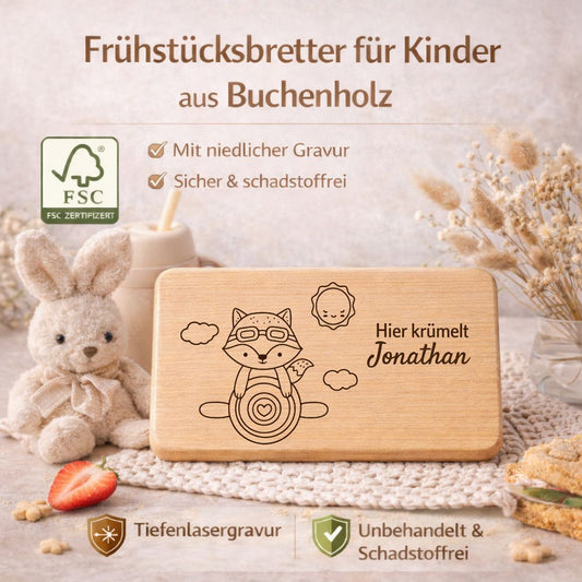 Personalisierte Frühstücksbrettchen aus Holz - Fuchs & Flugzeug - DwieDeko